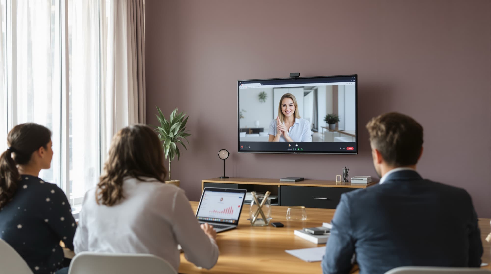 Ein Team im Besprechungsraum verfolgt eine Online-Trainingssession, die Trainerin ist auf dem großen Bildschirm zugeschaltet